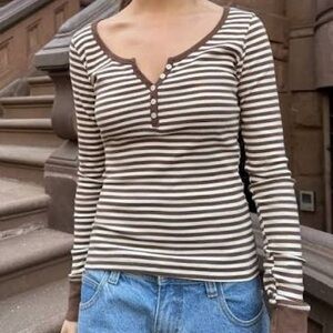 Brandy Melville Striped Brown and White Henley Top